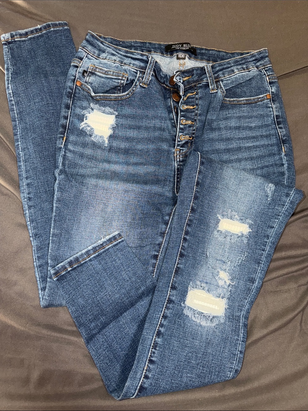 Judy Blue Women’s Distressed High-Rise Button-Fly Jeans - Medium Blue size 11/30